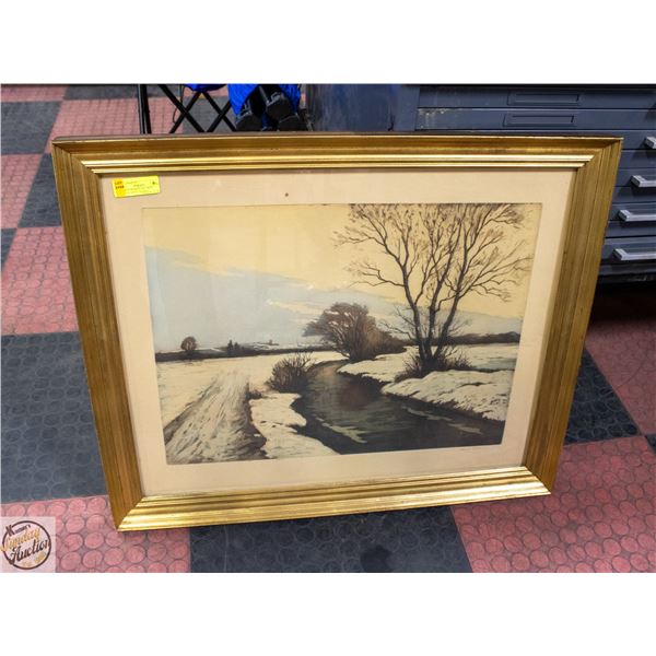 VINTAGE FRAMED ART PRINT P.WILLIS ARTIST SIGNED