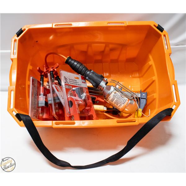 TOOL BUCKET WITH 4 NEW BESSEY PIPE CLAMPS