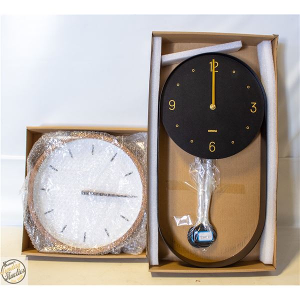 2 NEW DRIINI BRAND ROUND WALL CLOCKS SOLD TOGETHER