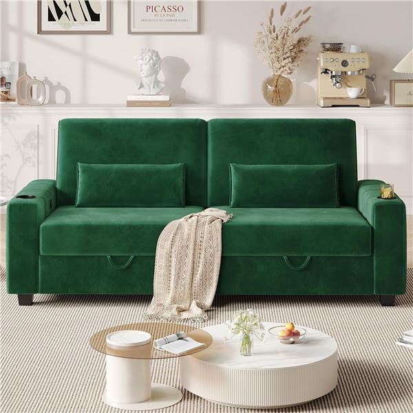 Green Loveseat Sofa, Larger Couch Velvet Fabric with Storage, Charging Ports, Heightened Backrests, 