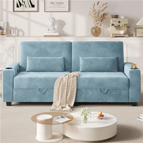 Light Blue Loveseat Sofa, Larger Couch Velvet Fabric with Storage, Charging Ports, Heightened Backre