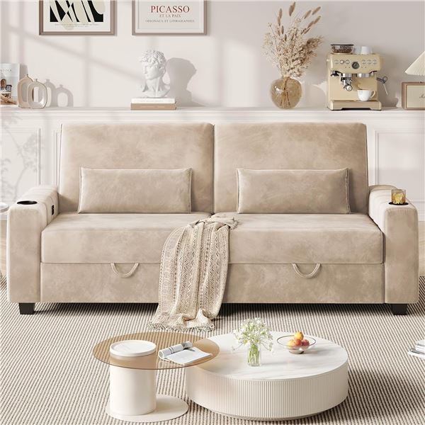White Loveseat Sofa, Larger Couch Velvet Fabric with Storage, Charging Ports, Heightened Backrests, 