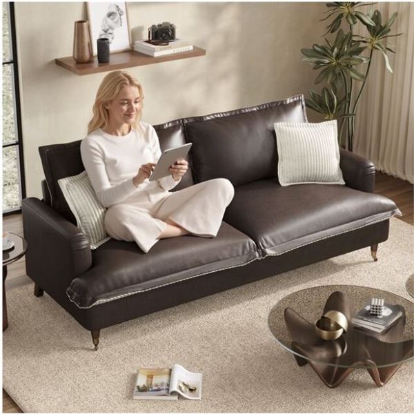Dark Brown COPIAE 84 Inch Roll Arm Loveseat Sofa Reversible Faux Leather Upholstered Couch with Deep