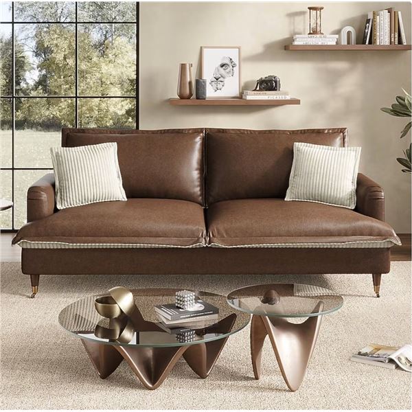 Brown COPIAE 84 Inch Roll Arm Loveseat Sofa Reversible Faux Leather Upholstered Couch with Deep Seat