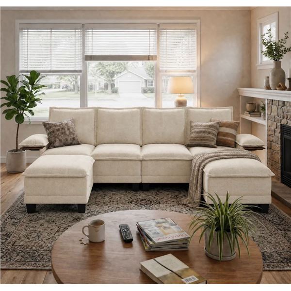 White Comfy Cloud Couch Large Sofa for Living Room w/ 2 Ottomans - SKU: USACOPN1087759-3 -