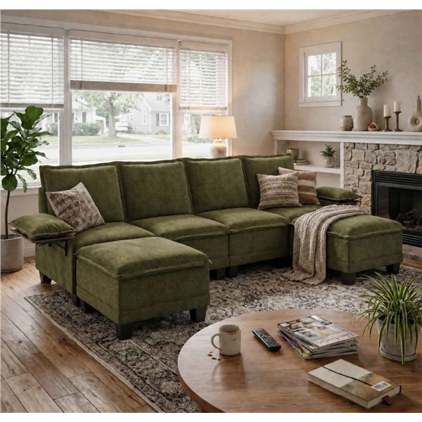 Green Comfy Cloud Couch Large Sofa for Living Room w/ 2 Ottomans - SKU: USACOPN1087759-4 -