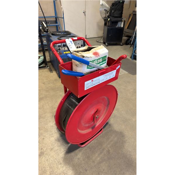 SAMUEL RED HEAVY DUTY BANDING CART WITH PLASTIC BANDING TOOLS, ROLL OF PLASTIC BANDING MATERIAL &