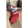 Image 1 : SAMUEL RED HEAVY DUTY BANDING CART WITH PLASTIC BANDING TOOLS, ROLL OF PLASTIC BANDING MATERIAL &