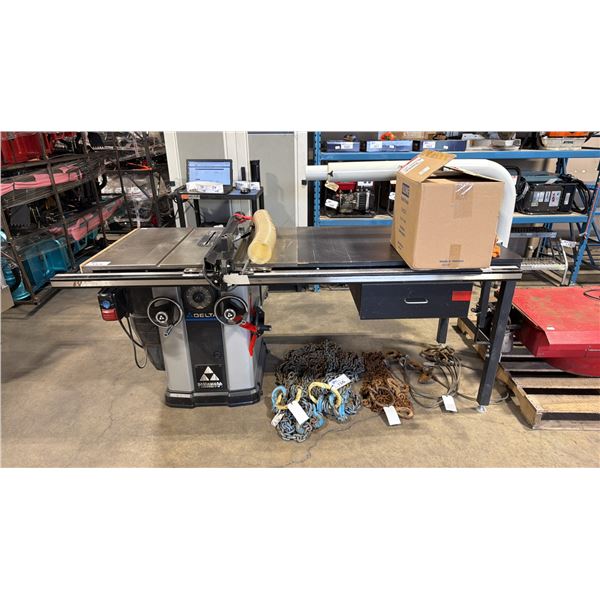 DELTA 10" LEFT TILTING UNISAW WITH WITH COMMERCIAL FENCE SYSTEM & DRAWER FULL OF SAW GUARDS &