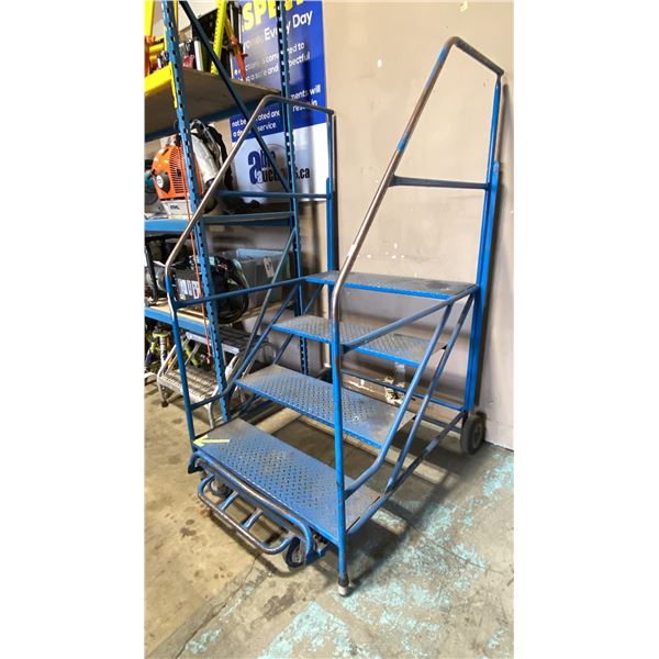 BLUE MOBILE 4 STEP WAREHOUSE STAIRS APPROX 38"W X 48"D X 72"H TO TOP OF HANDLES, 36"H TO TOP STEP