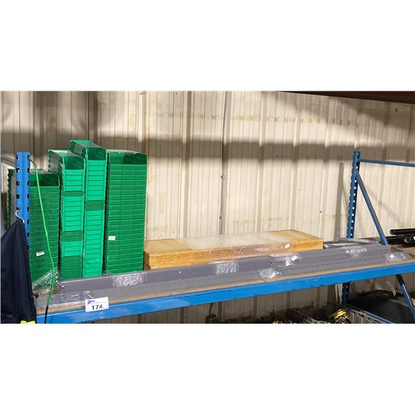 GREY METAL ADJUSTABLE SHELVING UNIT WITH WOOD BOARDS & ASSORTED GREEN PLASTIC STACKABLE PARTS