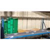Image 1 : GREY METAL ADJUSTABLE SHELVING UNIT WITH WOOD BOARDS & ASSORTED GREEN PLASTIC STACKABLE PARTS