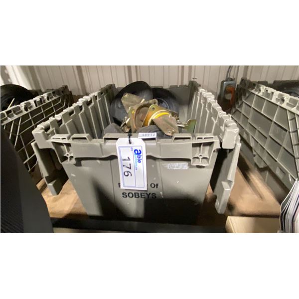 BIN OF 8 HEAVY DUTY 8" SWIVEL CASTERS, 4 WITH LOCKS