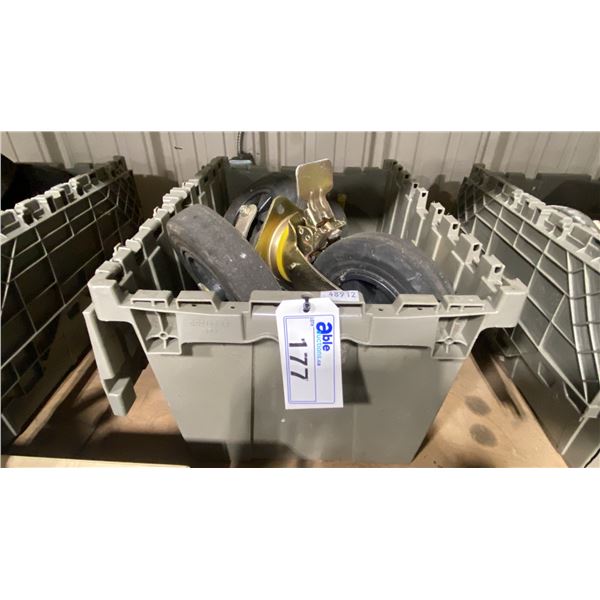 BIN OF 8 HEAVY DUTY 8" SWIVEL CASTERS, 4 WITH LOCKS