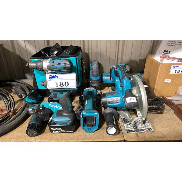 LARGE GROUP OF MAKITA CORDLESS POWER TOOLS INCLUDING RECIPROCATING SAW, GRINDER, 3 DRILLS, CIRCULAR