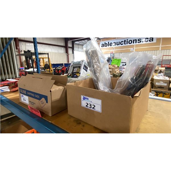 3 BOXES OF ASSORTED TOOLS, HARDWARE & ULINE RED NON-CONFORMING TAGS