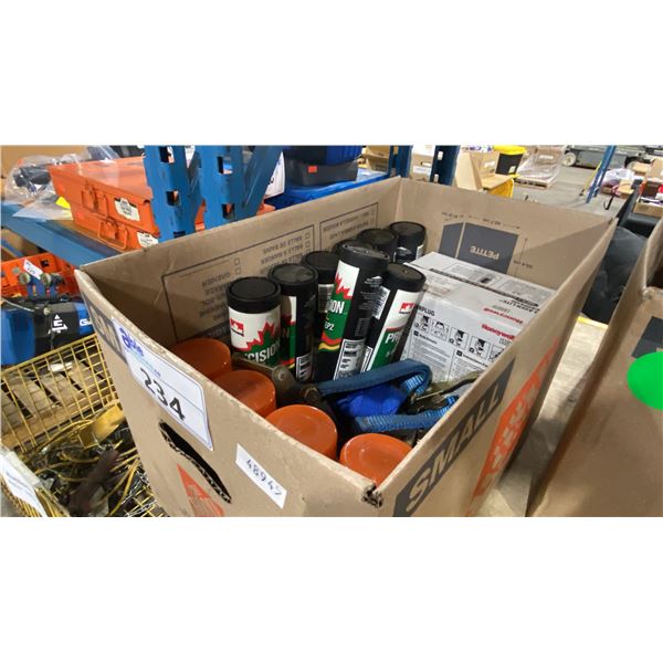 BOX OF HEAVY DUTY EP GREASE, KRYLON ORANGE SPRAY PAINT, RATCHET TIE DOWN STRAPS & EARPLUGS