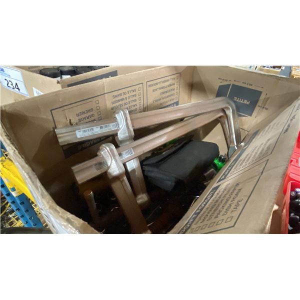 BOX OF ASSORTED TOOLS- BESSEY CLAMPS, SOCKET/RATCHET SETS, FILE SETS & MORE
