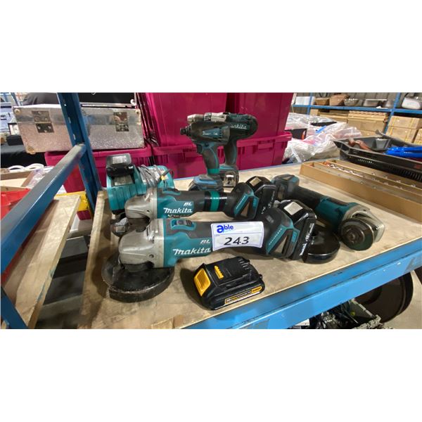 GROUP OF ASSORTED MAKITA CORDLESS POWER TOOLS- 3 ANGLE GRINDERS, 2 DRILLS. CHARGER, 5 BATTERIES & 1