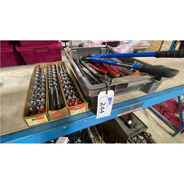 3 BOXES OF IRWIN HEAVY DUTY DRILL BITS & BIN OF HAND TOOLS- CUTTERS, PIPE WRENCHES, HAMMER, SAW &