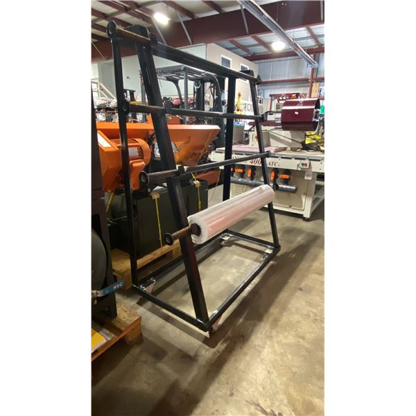 BLACK METAL 4 TIER INDUSTRIAL MOBILE SPOOL CART WITH 1 SPOOL OF FOOD GRADE SHRINK TUNNEL PLASTIC