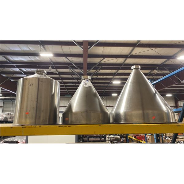 SET OF TWO STAINLESS STEEL COMMERCIAL CONICAL HOPPERS AND ONE CYLINDRICAL HOPPER
