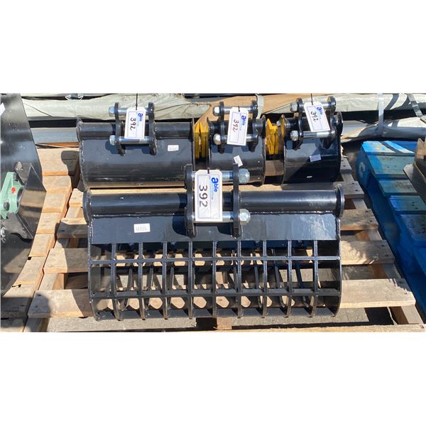 GROUP OF 4 MINI EXCAVATOR BUCKET ATTACHMENTS- 22.5" SKELETON BUCKET, 15" DIGGING BUCKET & 2- 7.5"