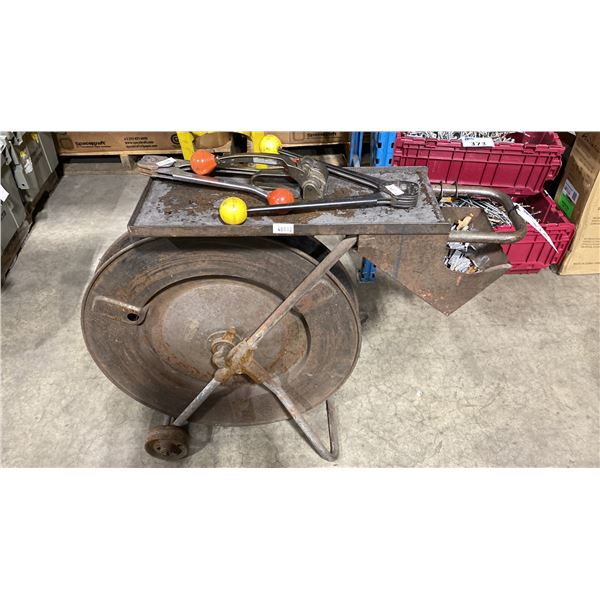 BLACK METAL INDUSTRIAL BANDING CART WITH BANDING TOOLS