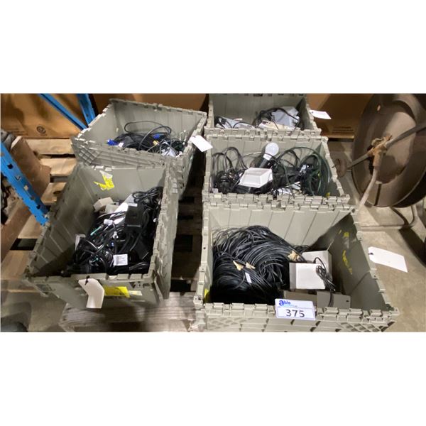 5 PLASTIC BINS OF ASSORTED ELECTRICAL ITEMS, BALLAST, LIGHTS & CABLES *PLASTIC BINS INCLUDED*