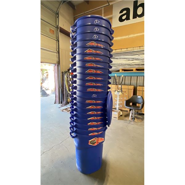 STACK OF 25 BLUE RUBBERMAID ROUGHNECK RECYCLE/TRASH BINS WITH LIDS- 32 GAL/ 121 L