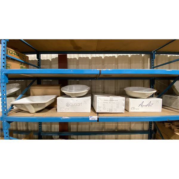 SHELF OF 4 ASSORTED PORCELAIN SINKS