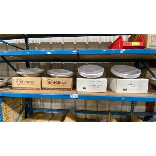 SHELF OF 4 ASSORTED PORCELAIN/CERAMIC SINKS