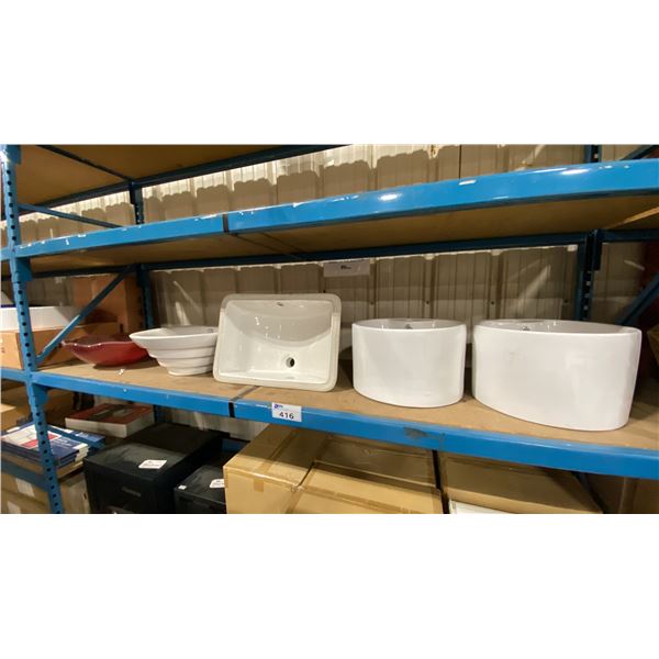 4 ASSORTED PORCELAIN SINKS & 1 RED GLASS SINK