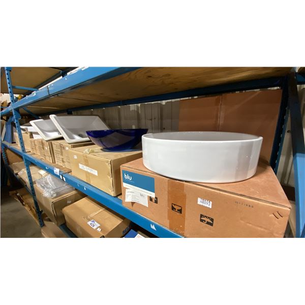 5 ASSORTED PORCELAIN SINKS & 1 BLUE GLASS SINK