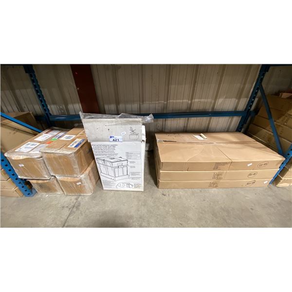3 CASES OF RED OAK WOOD WINE RACK LATTICE, PULL OUT FULL EXTENSION WASTE BIN & 4 CASES OF DRAWER