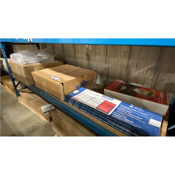3 CASES OF HANGING FOLDER FRAMES, 11" ROLL OUT KITCHEN DRAWER, CASE OF 11 LARGE DRAWER ORGANIZERS,