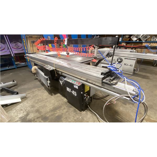 MF-45 INDUSTRIAL GRADE SLIDING TABLE PANEL SAW WITH CUSTOM BUILT WOOD TABLE EXTENSION