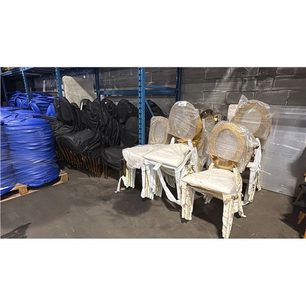 14 STACKS OF METAL GOLD FRAMED STACKING EVENT CHAIRS WITH BIN OF CUSHIONS *BIN NOT INCLUDED*