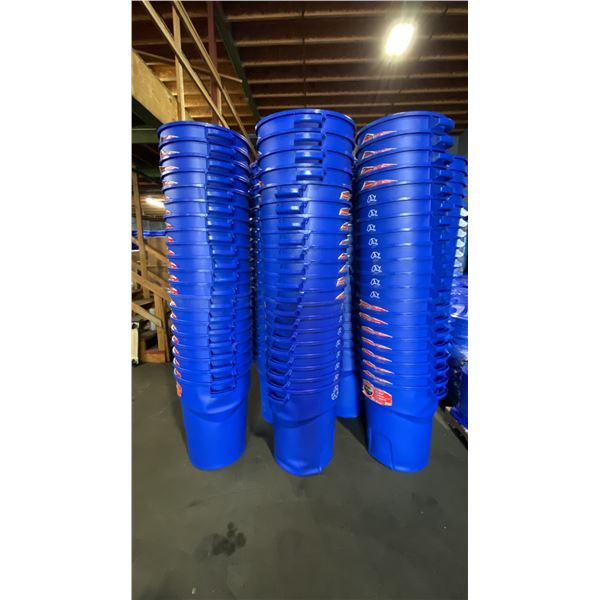 6 STACKS OF 20 BLUE RUBBERMAID ROUGHNECK RECYCLE/TRASH BINS WITH LIDS- 32 GAL/ 121 L