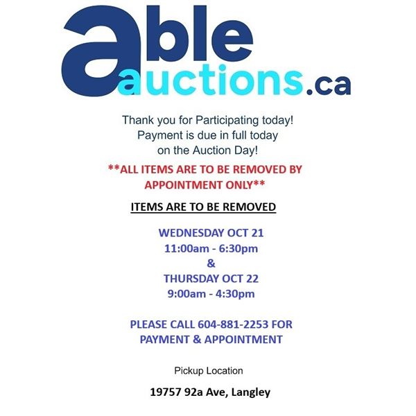 All items must be removed by Wed Oct 21 11am - 6:30pm & Oct 22 9AM - 4:30 pm by appointment.