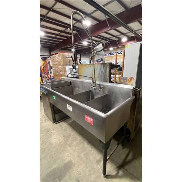 3 BAY STAINLESS STEEL 85"W X 28"D X 37"H COMMERCIAL RINSE SINK WITH FAUCET & RINSE WAND