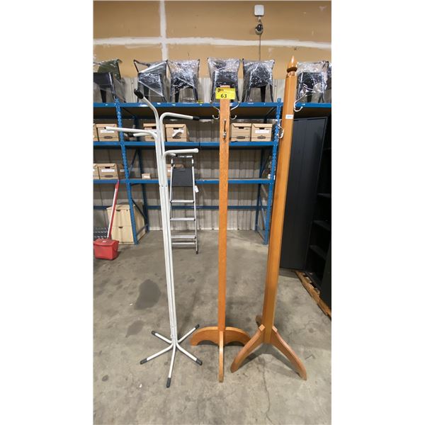 2 WOODEN RETRO STYLE COAT RACKS & 1 WHITE METAL MODERN COAT RACK *MUST TAKE ALL 3*