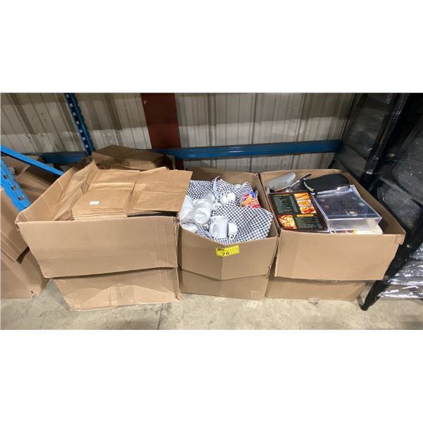3 LARGE BOXES OF ASSORTED RESTAURANT DISHWARE, TAKE-OUT BAGS, & UTENSILS