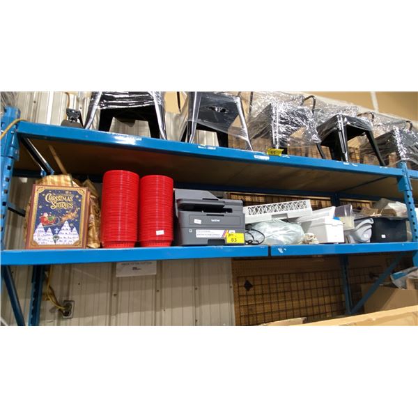 SHELF OF ASSORTED RESTAURANT ITEMS, TRAYS, & PRINTER