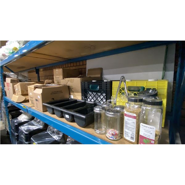 SHELF OF ASSORTED RESTAURANT ITEMS, CRATES OF CLEANERS, DISHWARE & SPICES *CRATES INCLUDED*