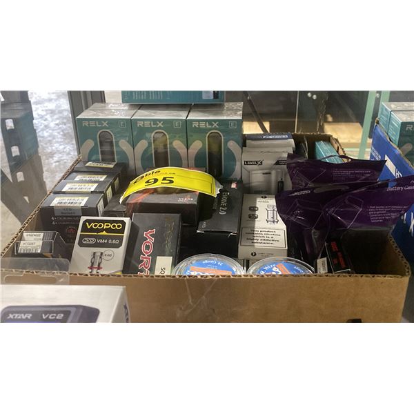 BOX OF ASSORTED VAPES & VAPING PRODUCTS
