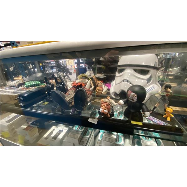 SHELF OF ASSORTED COLLECTABLES, ELECTRONICS, COIN PURSES & MORE