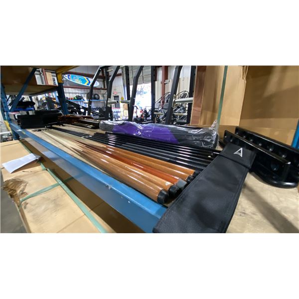 SHELF OF ASSORTED BILLIARDS EQUIPMENT- CUES, WALL MOUNT CUE RACKS, SCOREBOARDS, BALLS & ACCESSORIES