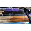 Image 9 : SHELF OF ASSORTED BILLIARDS EQUIPMENT- CUES, WALL MOUNT CUE RACKS, SCOREBOARDS, BALLS & ACCESSORIES