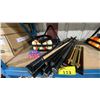 Image 1 : 2 SETS OF BILLIARDS BALLS, ASSORTED CUES, SCOREBOARD, CUE CASE, TRIANGLE & WALL MOUNT CUE HOLDER